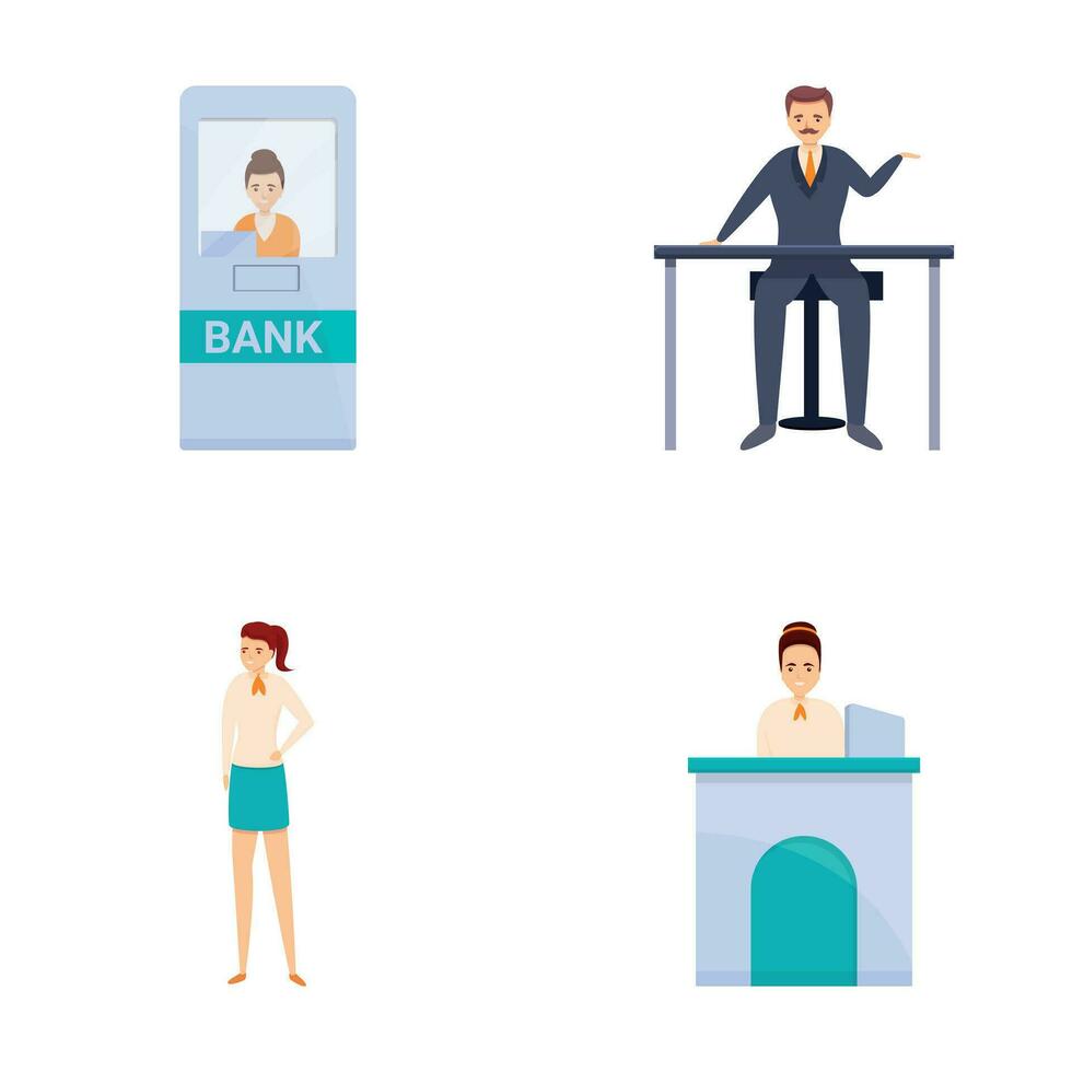 bank service ikoner uppsättning tecknad serie vektor. bank anställd Sammanträde på skrivbord vektor