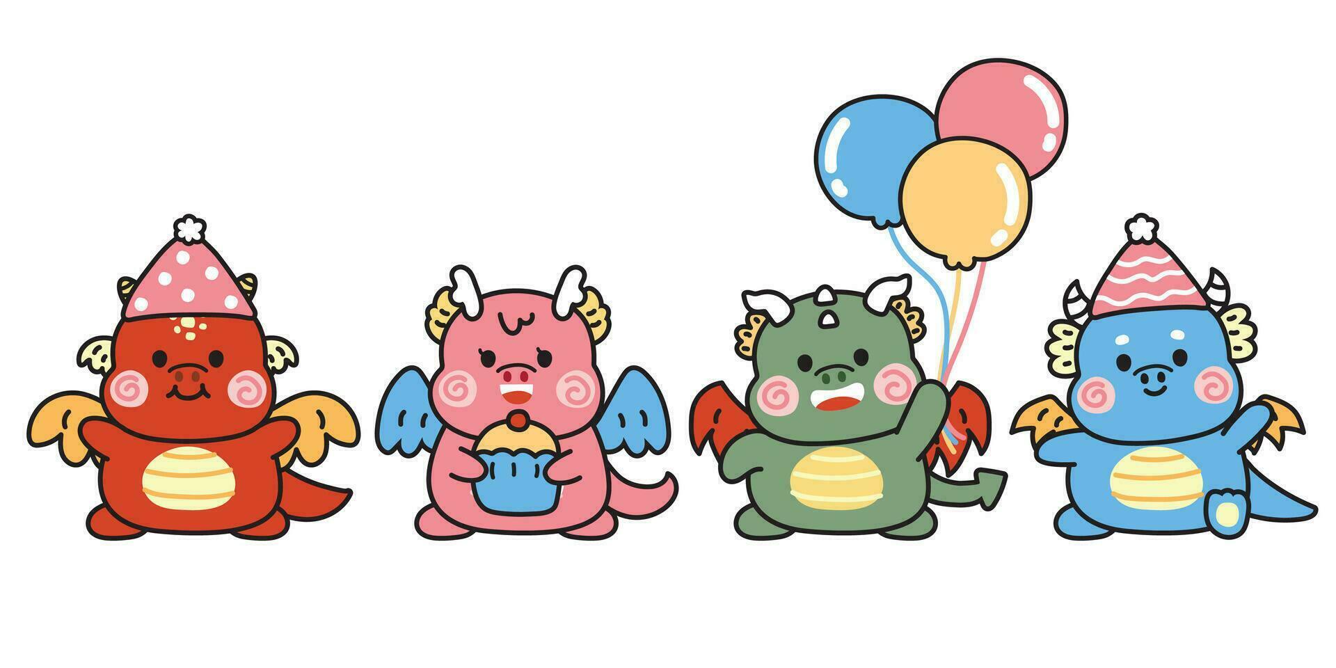 einstellen von süß verschiedene posiert Drachen im Party feiern Konzept.Chinesisch Tier Charakter Karikatur Design Sammlung.kawaii.vektor.illustation. vektor