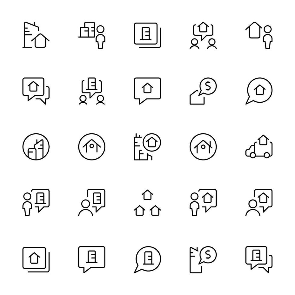 echt Nachlass dünn Linie Symbole. echt Nachlass Symbole Satz. heim, Haus, Agent, planen, Makler, Immobilien, Eigentum, Hypothek, Zuhause Darlehen Symbole Satz. Vektor Illustration. können Sein benutzt zum Netz, Logo, ui, ux, App.