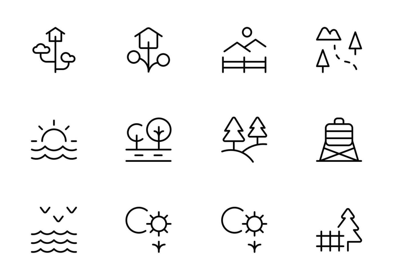 draussen Symbol. Park, Wetter, Meer, Fluss, Sonnenuntergang, Sonnenaufgang, Sonne, eben Vektor und Illustration, Grafik, editierbar Schlaganfall. geeignet zum Webseite Design, Logo, Anwendung, Vorlage, und ui ux.