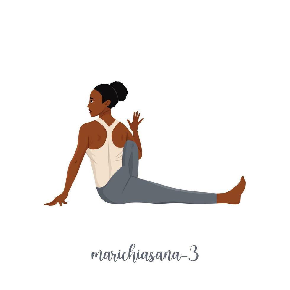 kvinna håller på med hatha yoga. marichiasana 3. sport övning på Hem. yoga och kondition, friska livsstil. platt vektor illustration isolerat på vit bakgrund