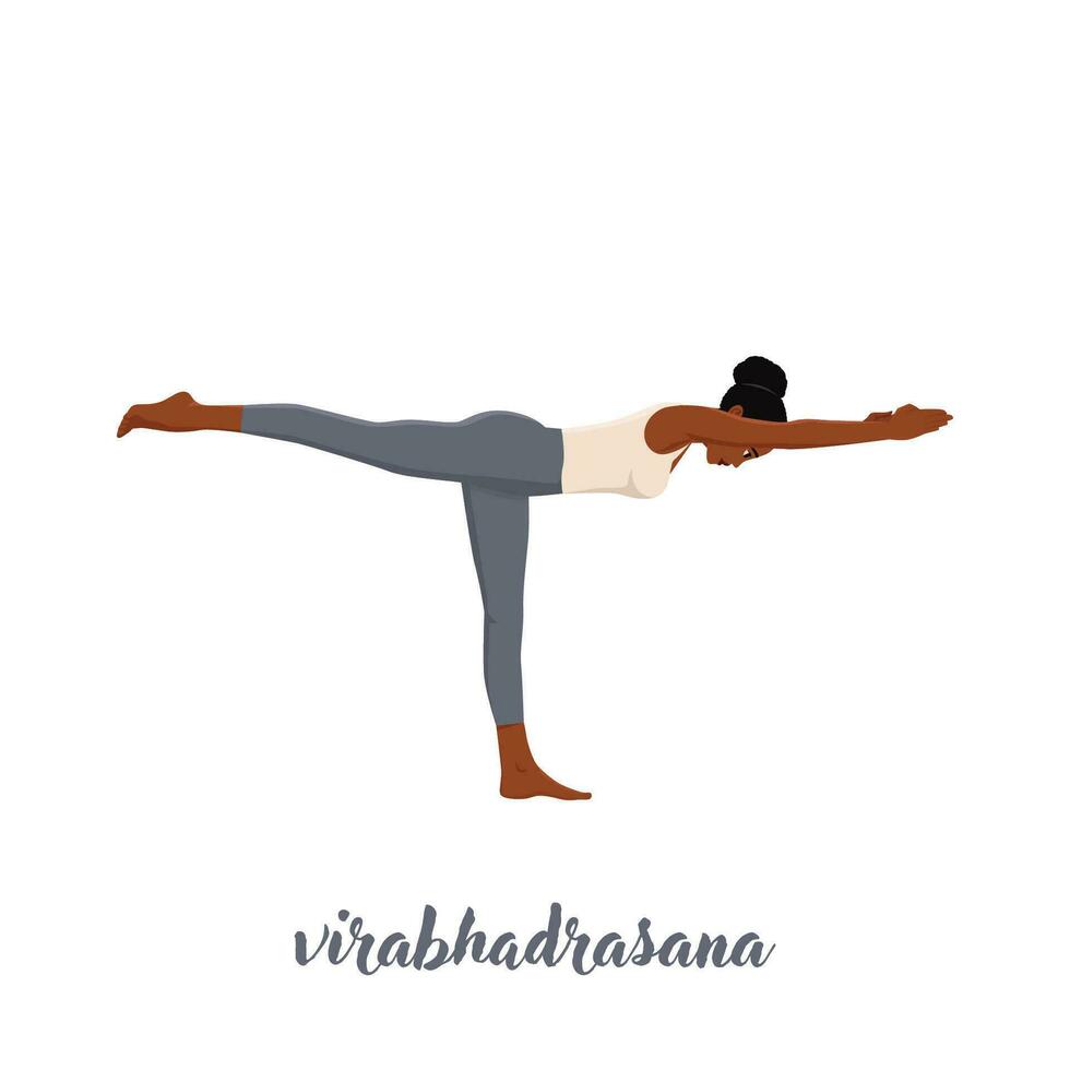 kvinna håller på med krigare 3 yoga utgör. virabhadrasana 3. vektor