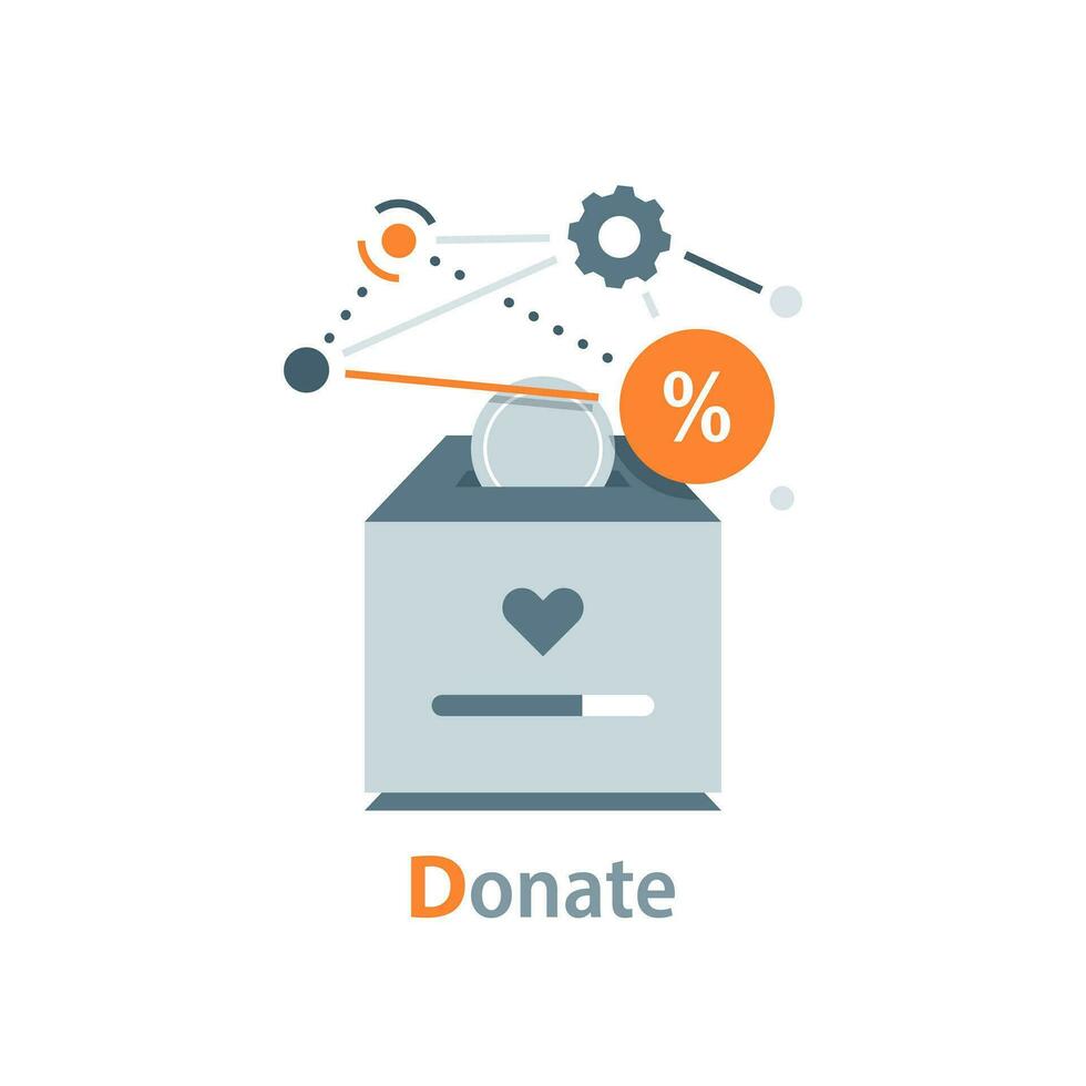 donation låda med gyllene mynt, pengar och hjärta. donation och välgörenhet begrepp vektor