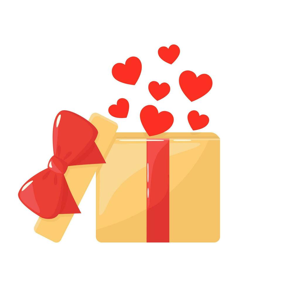 hell Geschenk Box mit rot Bogen und fliegend Herzen. Liebe Geschenk, Geschenk zum Valentinstag Tag. Vektor Illustration auf Weiß Hintergrund. detailliert Karikatur Element zum Urlaub Muster, Verpackung, Designs