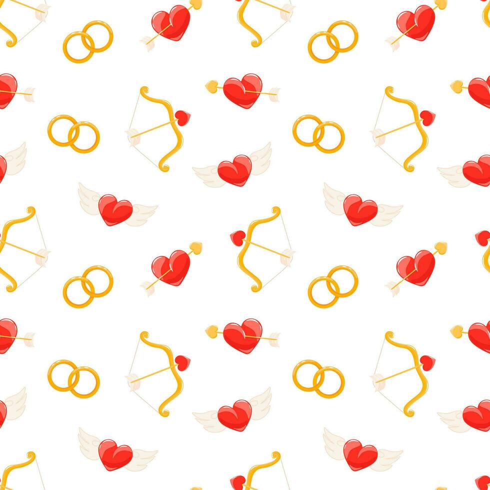 bröllop sömlös mönster med hjärta, bröllop ringar, cupid rosett och pil. hjärtans dag vektor illustration bakgrund. detaljerad tecknad serie element för Semester mönster, förpackning, mönster
