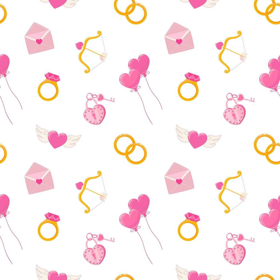 sömlös mönster med kärlek symbol illustrationer hjärta, engagemang ringa, kärlek brev, ballong, cupid rosett och pil, låsa och nyckel. valentines dag tecknad serie bakgrund vektor