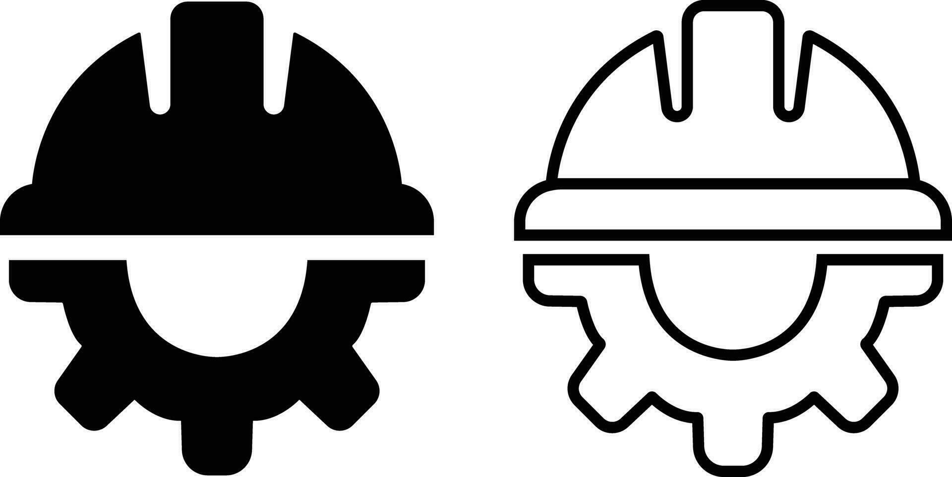 Konstruktion Helm auf Ausrüstung Symbole im Wohnung, Linie Satz. isoliert auf Konstruktion, Arbeit und Ingenieurwesen Symbole. Arbeitskleidung, Helm Zahnrad. Sicherheit Schutz. Vektor zum Apps Netz