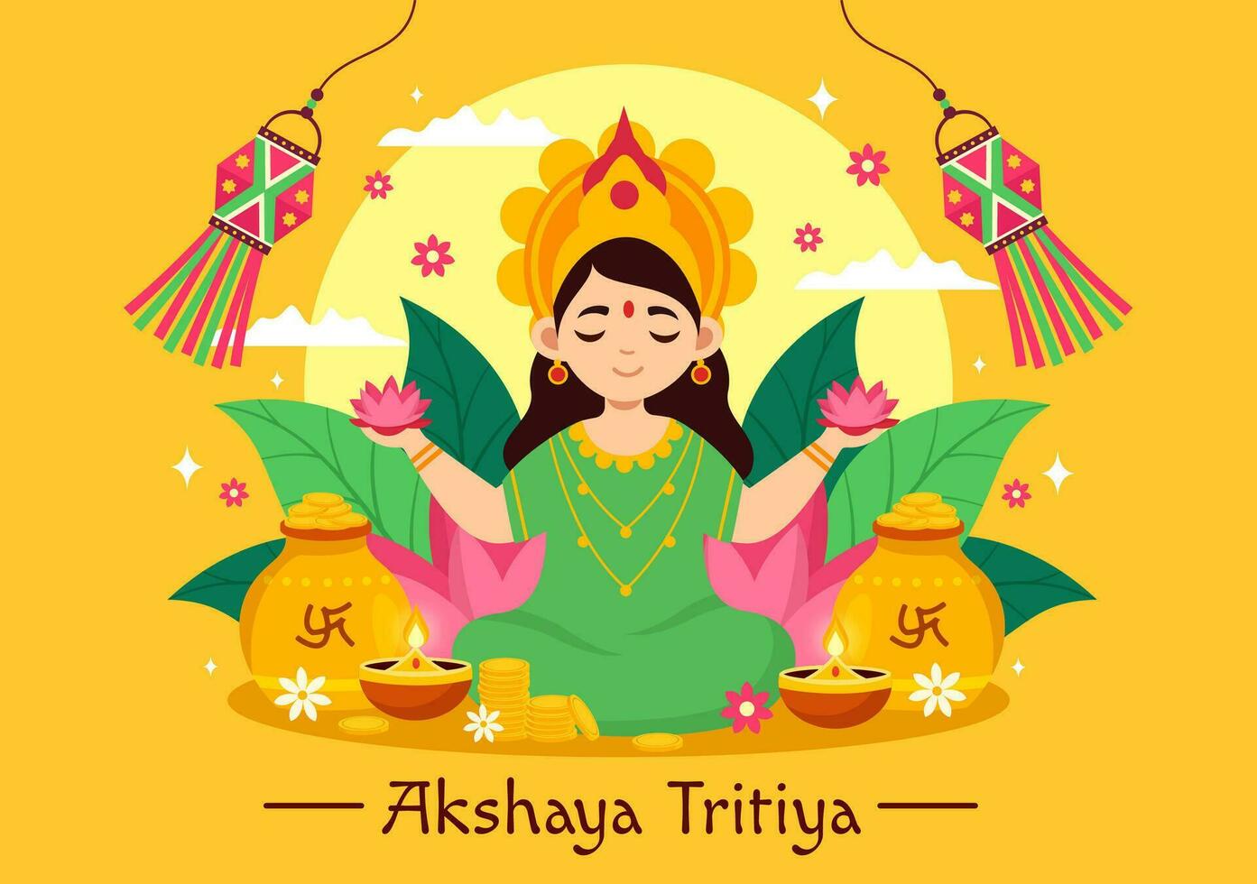 Akshaya tritiya Festival Vektor Illustration mit ein golden Kalasch, Kerze, Topf und Gold Münzen zum Dhanteras Feier im traditionell Hindu Urlaub