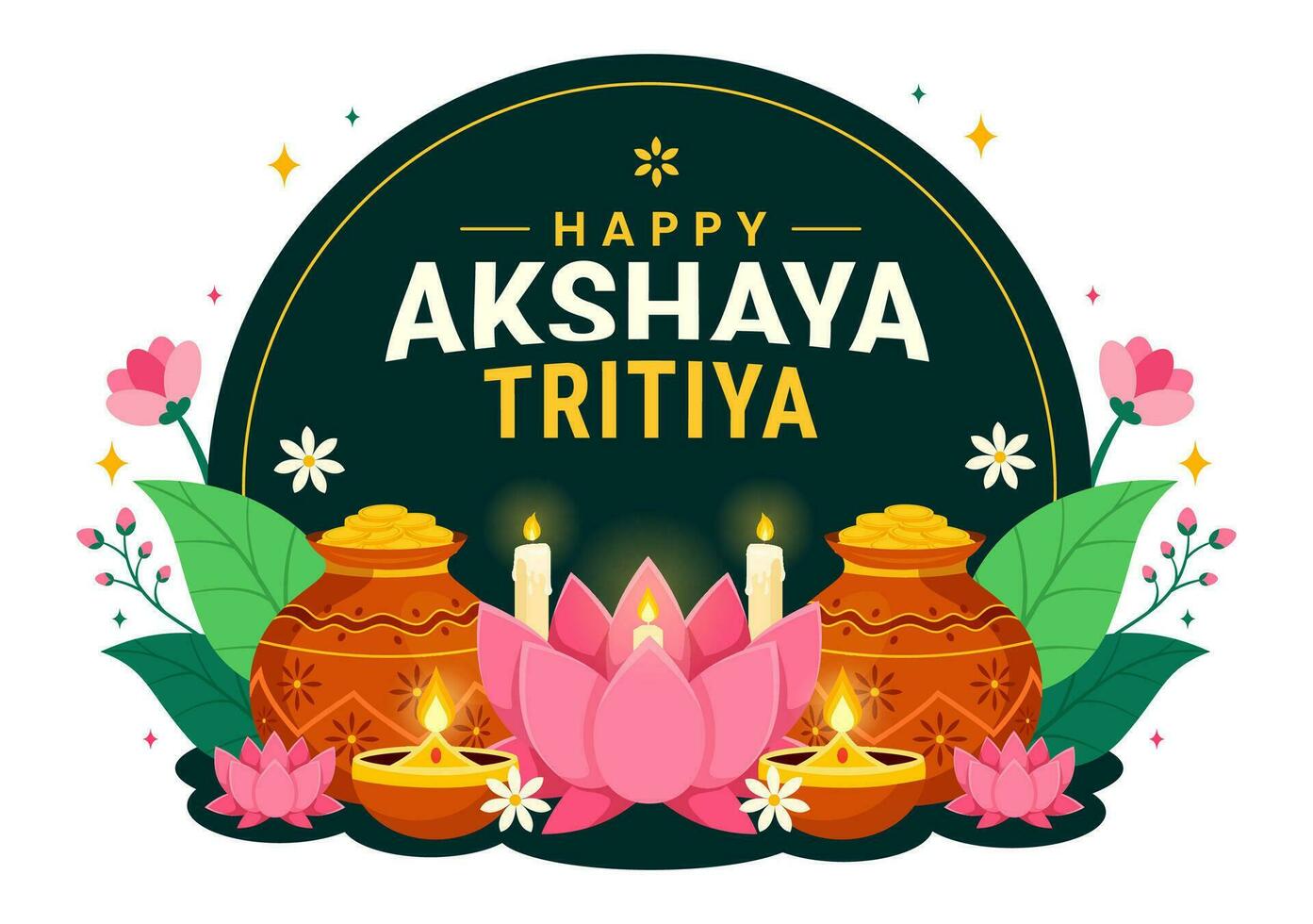 akshaya tritiya festival vektor illustration med en gyllene kalash, ljus, pott och guld mynt för dhanteras firande i traditionell hindu Semester