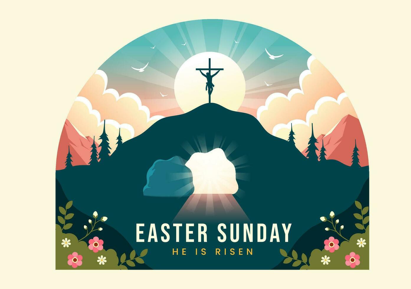 glücklich Ostern Sonntag Vektor Illustration von Jesus, er ist auferstanden und Feier von Auferstehung mit Höhle und das Kreuz im eben Karikatur Hintergrund