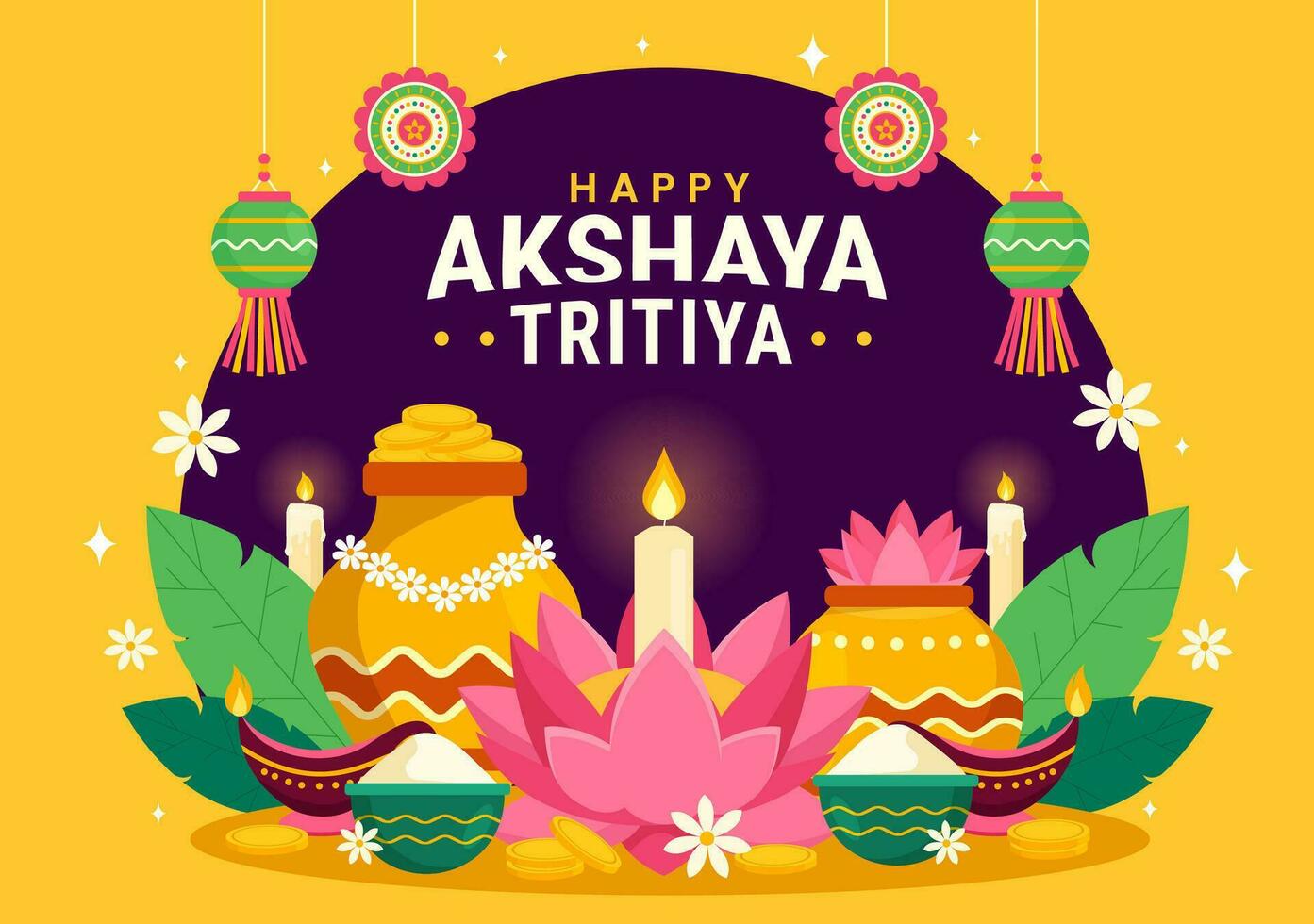 Akshaya tritiya Festival Vektor Illustration mit ein golden Kalasch, Kerze, Topf und Gold Münzen zum Dhanteras Feier im traditionell Hindu Urlaub
