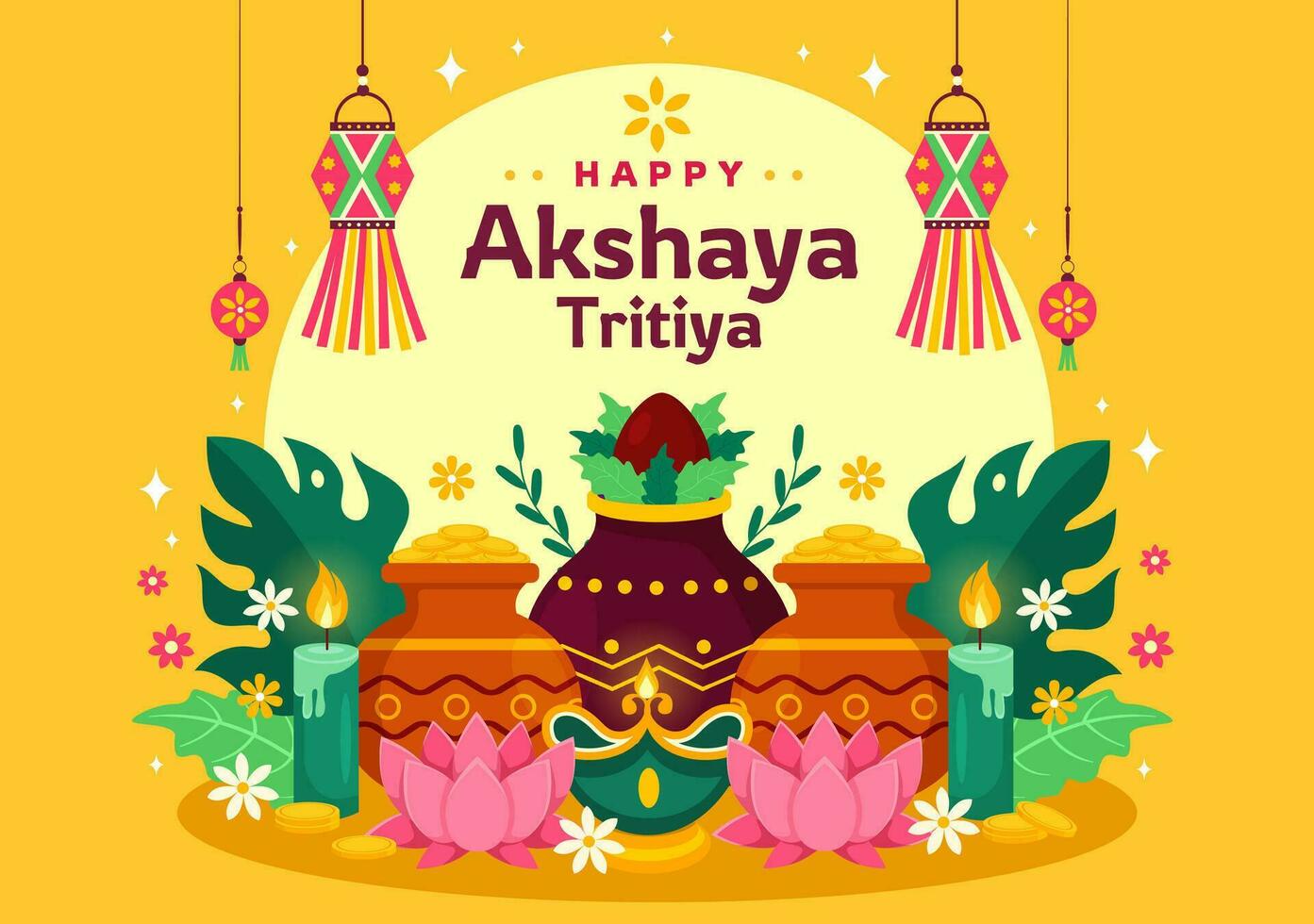 akshaya tritiya festival vektor illustration med en gyllene kalash, ljus, pott och guld mynt för dhanteras firande i traditionell hindu Semester