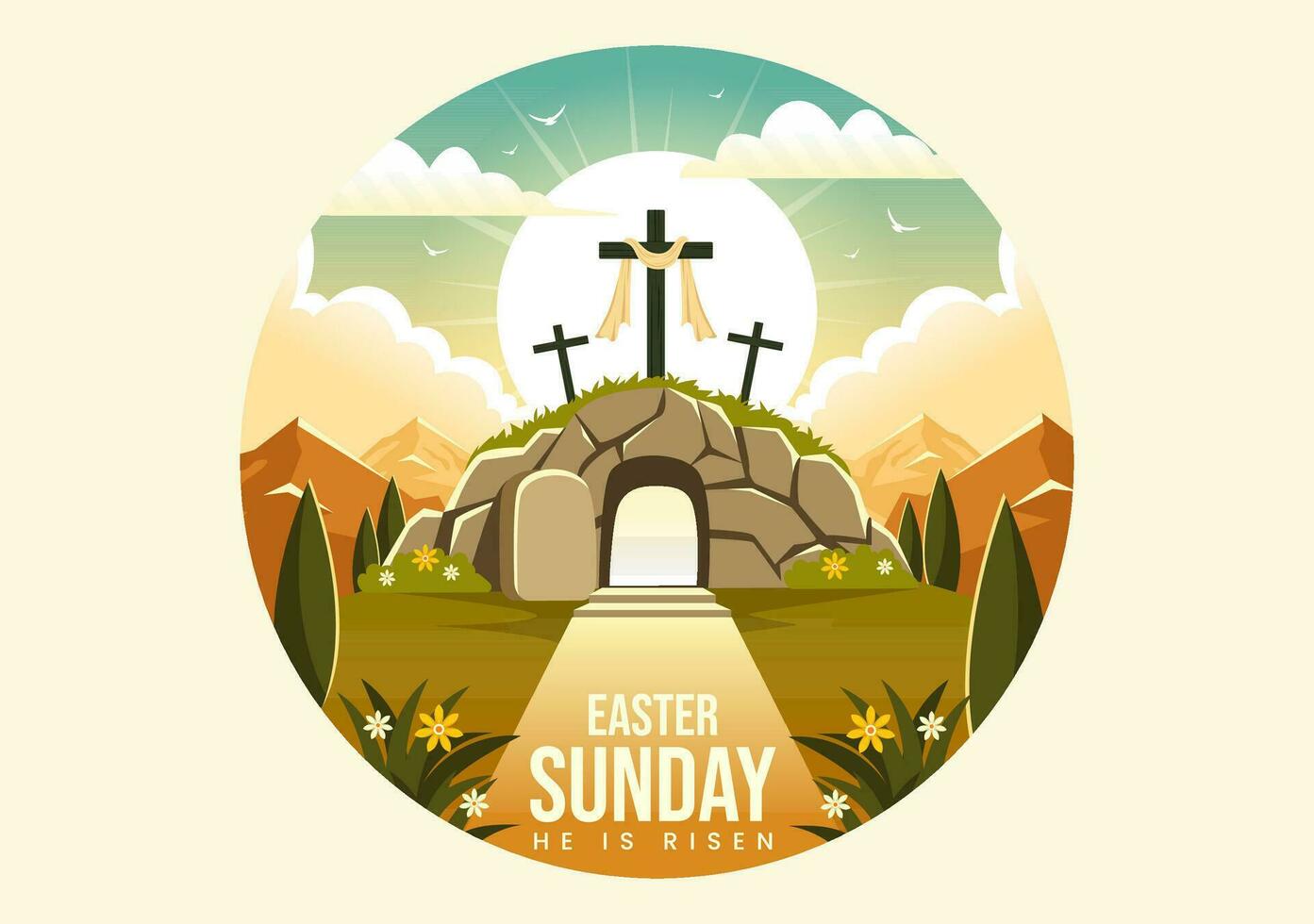 glücklich Ostern Sonntag Vektor Illustration von Jesus, er ist auferstanden und Feier von Auferstehung mit Höhle und das Kreuz im eben Karikatur Hintergrund