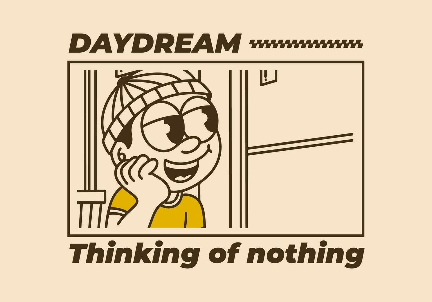 dagdröm, tänkande av ingenting. en pojke bär en mössa var dagdrömma förbi de fönster vektor