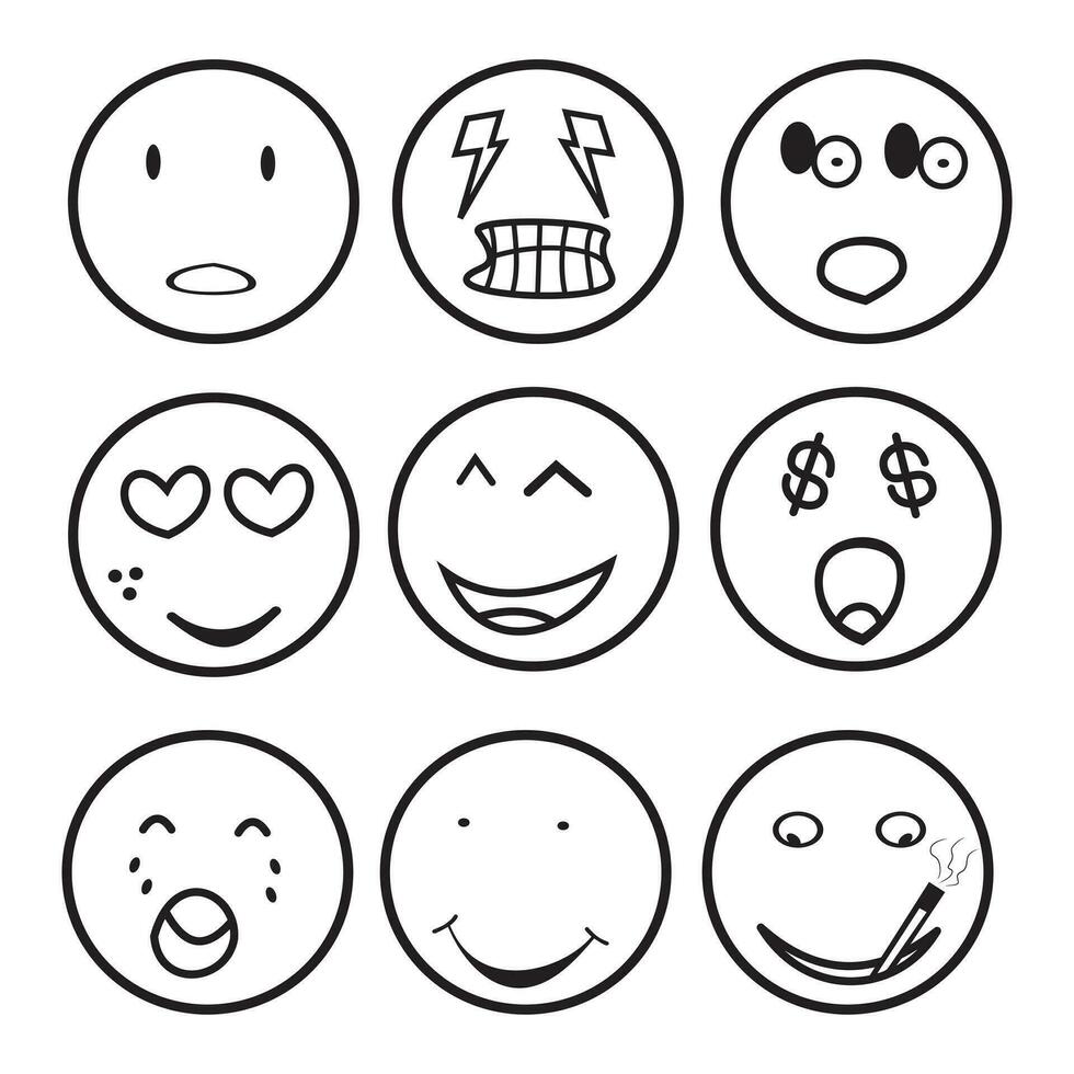 einstellen von Gliederung Emoticons, Gesicht Emoji Symbole auf Weiß Hintergrund, Vektor Illustration.