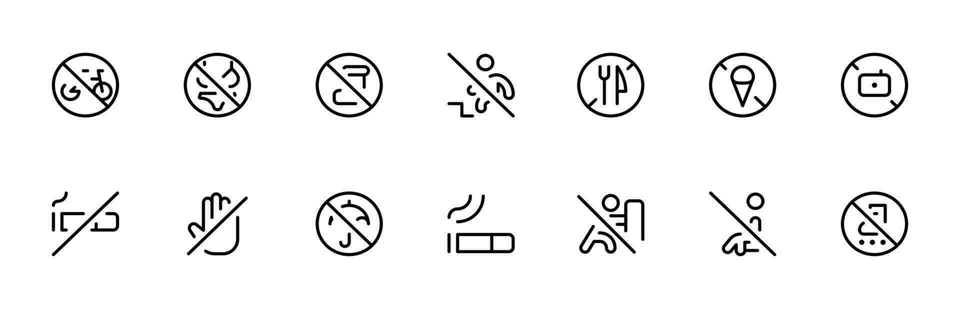 restriktioner ikon uppsättning element sådan som Nej cykel, Nej rökning, Nej mat, varning ikoner uppsättning, vektor redigerbar stroke översikt ikon isolerat på vit bakgrund platt vektor illustration.