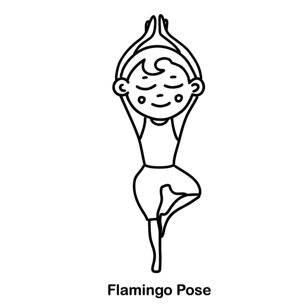 Kinder Yoga Flamingo Pose. Vektor Karikatur Illustration.