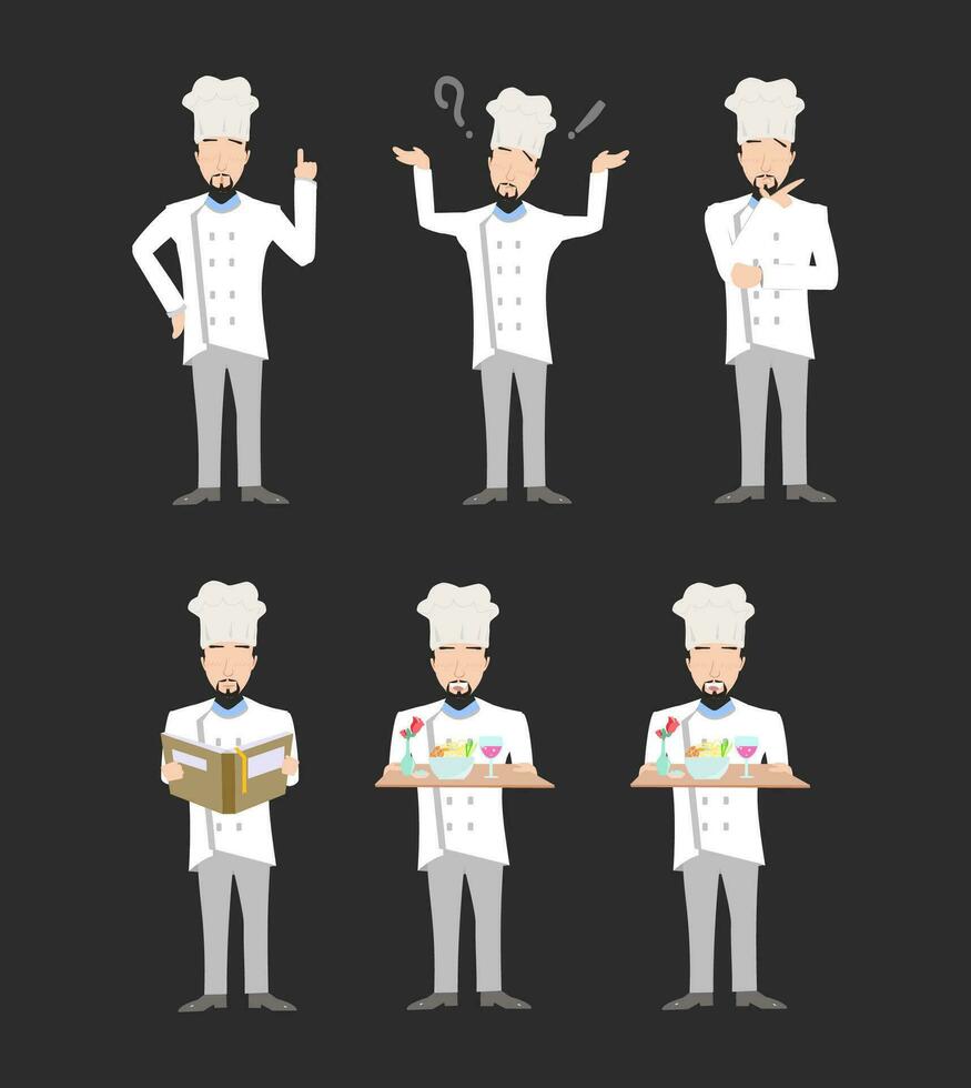 de konst av matlagning - illustrationer av kockar i olika ställningstaganden, visa upp vit enhetlig elegans vektor