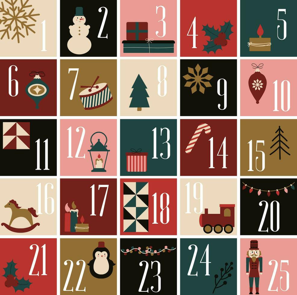 Weihnachten Advent Kalender - - 25 Hand gezeichnet Karten ist ein Dezember Countdown Kalender Vektor Illustration, Weihnachten Vorabend kreativ Winter einstellen mit Zahlen.