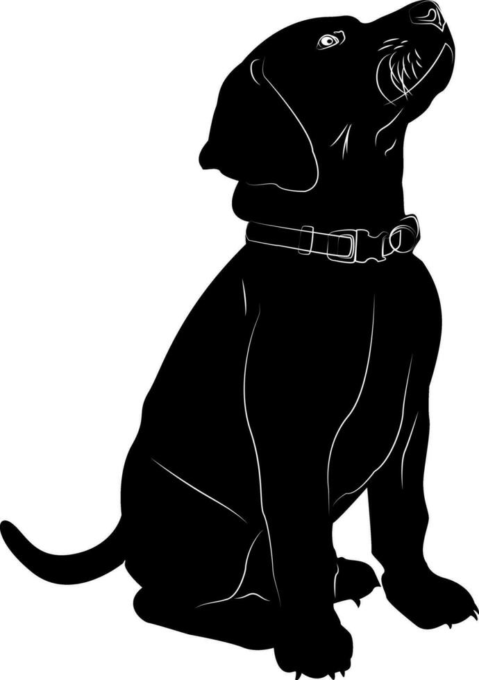 Hund silhouettiert. Hund im ein Halsband auf ein Weiß Hintergrund. Design von Gruß Karten, Poster, Flecken, druckt auf Kleidung, Embleme. Welpe. Haustier. vektor