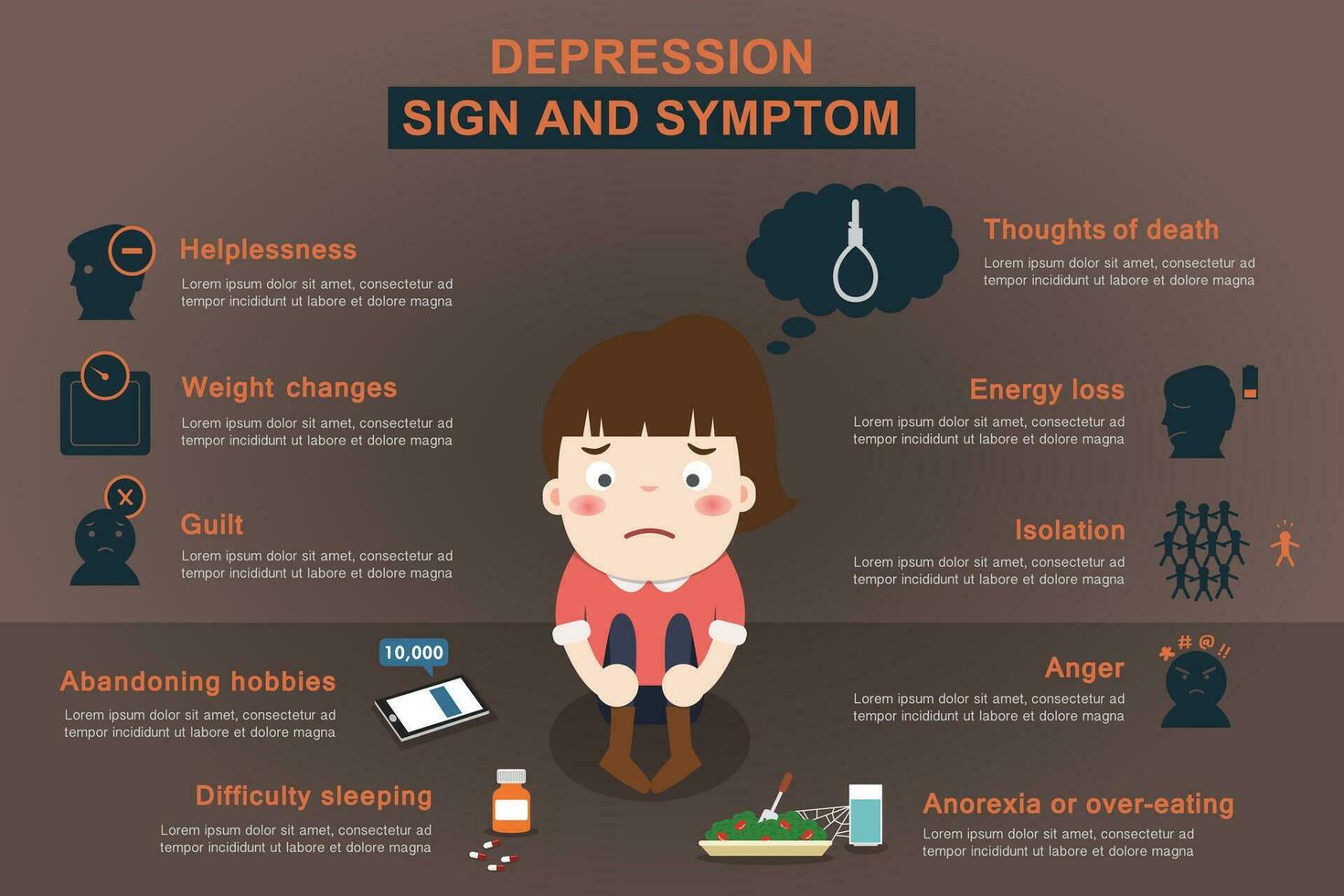 sjukvård infographic handla om depression kvinna med tecken och symptom vektor