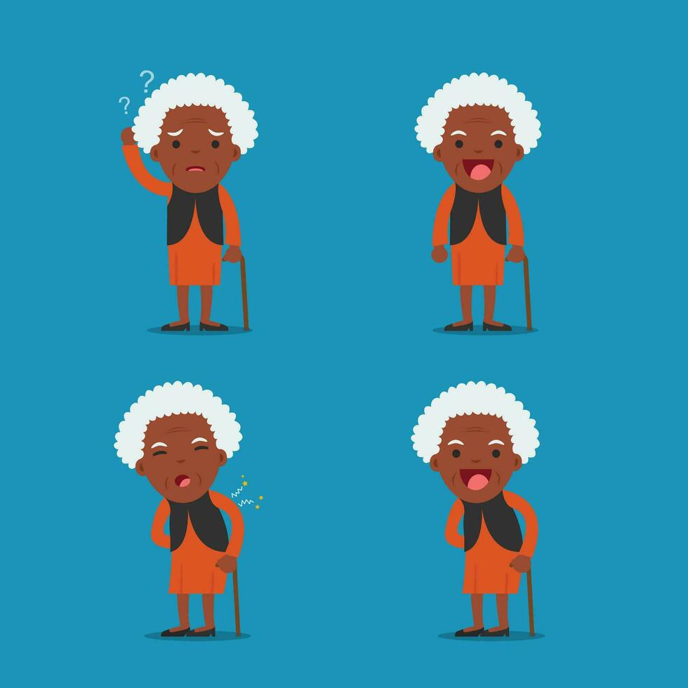 afrikanisch amerikanisch Menschen, alt Dame. Oma im 4 anders Posen. Vektor isoliert Illustration.