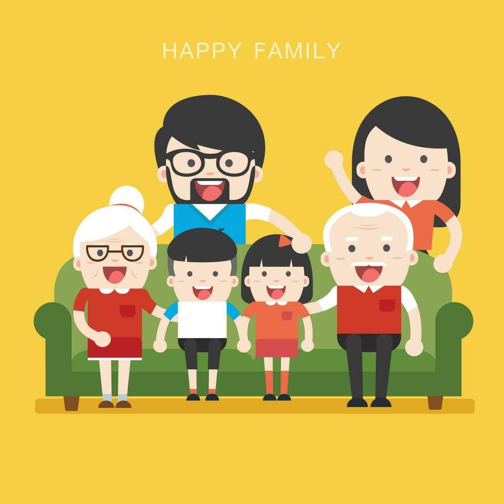 groß Familie. glücklich Familie mit Enkelkinder, Eltern und Großeltern Sitzung auf das Sofa vektor