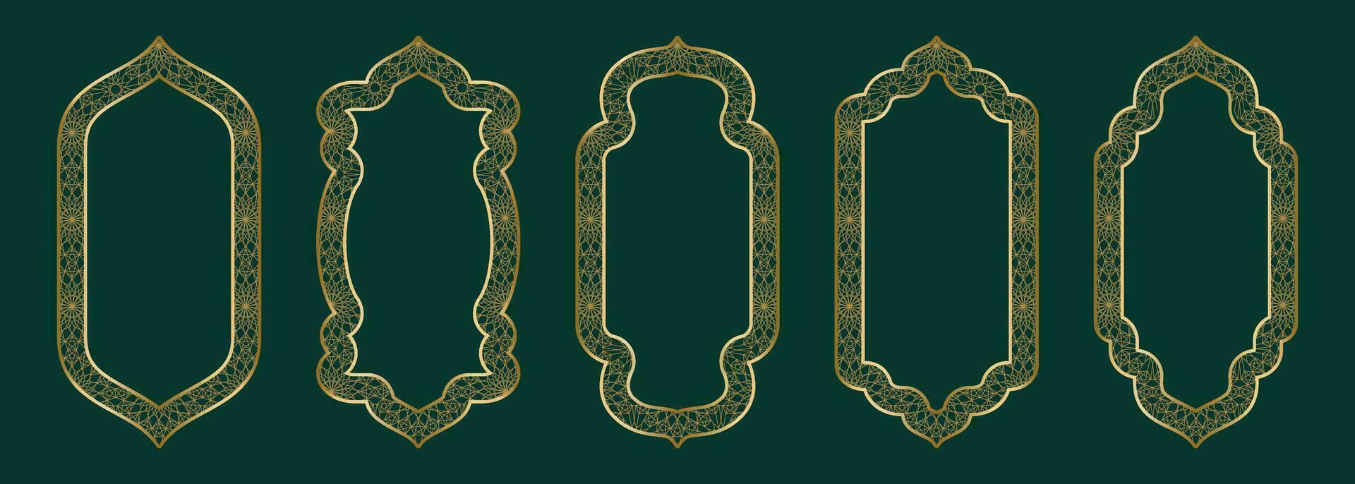 guld båge ram form islamic dörr eller fönster med geometrisk girikh mönster, silhuett arabicum båge. samling i orientalisk stil. ramar i arabicum muslim design för ramadan kareem. vektor illustration