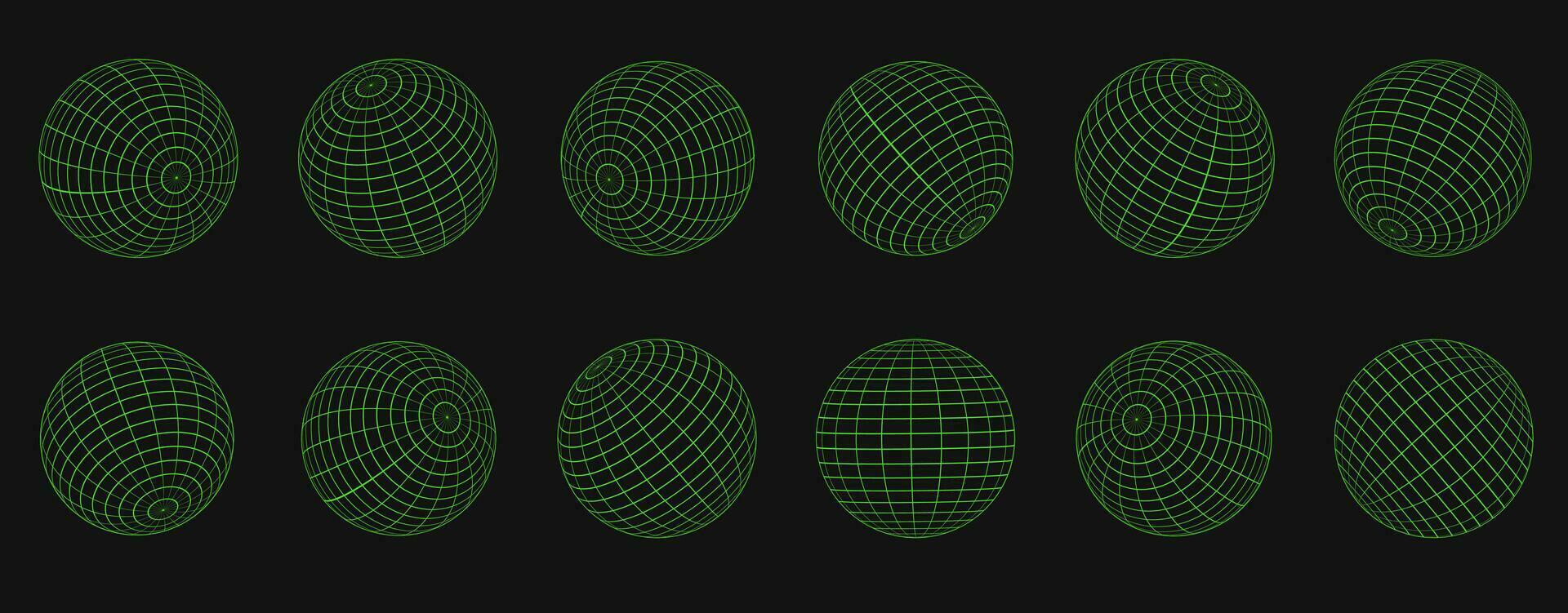 Neon- Globus Gitter Kugeln Sammlung. gestreift 3d Kugeln, Geometrie Globus Netz, Erde Breite und Längengrad Linie Gitter Vektor Symbol Satz. kugelförmig Gitter Globus Formen. Illustration Globus gestreift