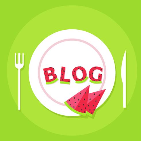 Food Blog Banner. Platte mit Buchstaben aus Wassermelone und dem Wort Blog. Flache Vektorillustration vektor
