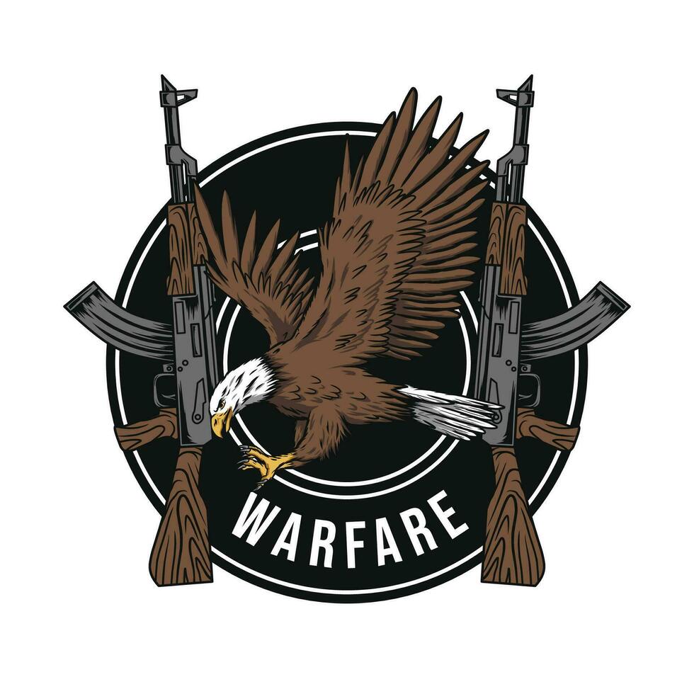 Militär- Abzeichen mit Adler Maskottchen und Angriff Gewehr vektor