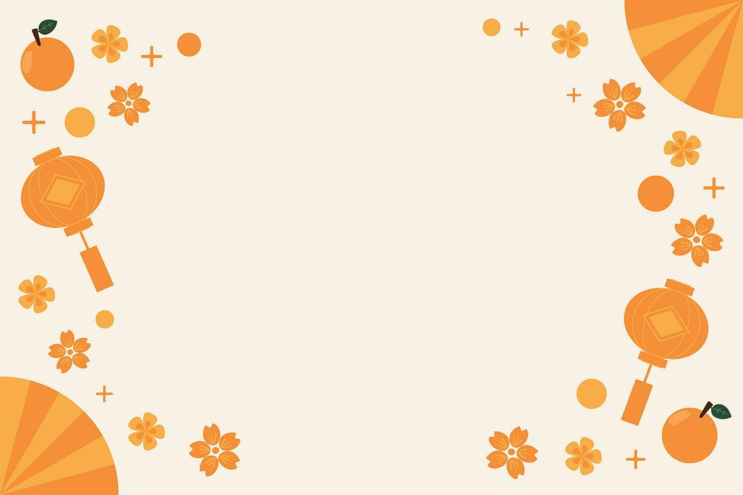 enkel minimal hand dragen kinesisk ny år baner med blommor, fläkt, lykta och orange, tömma Plats för text. för hälsning kort, affisch, kort, märka, inbjudan, social media, webb, baner, rubrik vektor