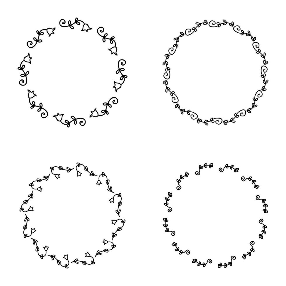 enkel cirkulär tömma ramar samling med hand dragen grenar och blåklocka blommor. perfekt för klistermärke, kort, affisch. klotter isolerat vektor illustration.