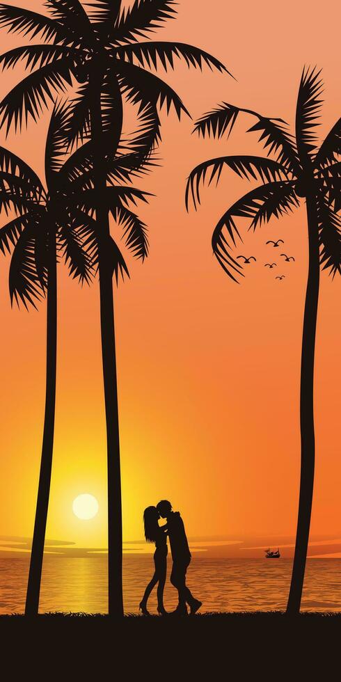 Silhouette von Palme Baum und Liebhaber küssen beim Strand mit Sonnenuntergang Hintergrund Vektor Illustration. Schatz Flitterwochen Konzept eben Design Vertikale Form.