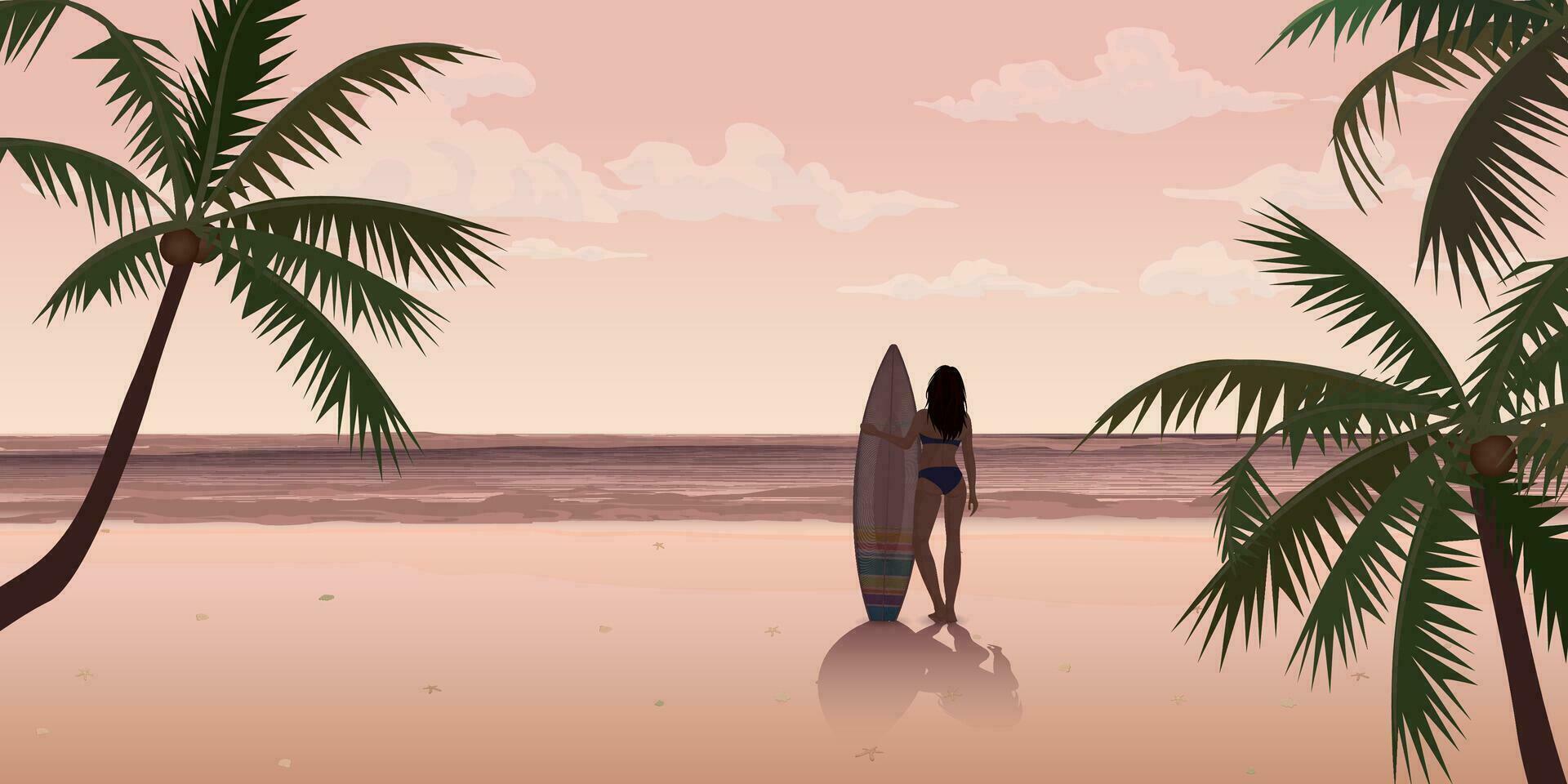 silhuett av surfare flicka med surfingbräda på de strand ha vanilj himmel bakgrund vektor illustration ha tom Plats. reser till karibiska hav begrepp.