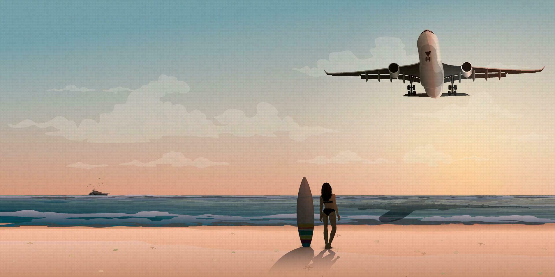 Silhouette von Surfer Mädchen mit Surfbrett beim das Strand suchen Flugzeug Landung haben Vanille Himmel Hintergrund Vektor Illustration haben leer Raum.