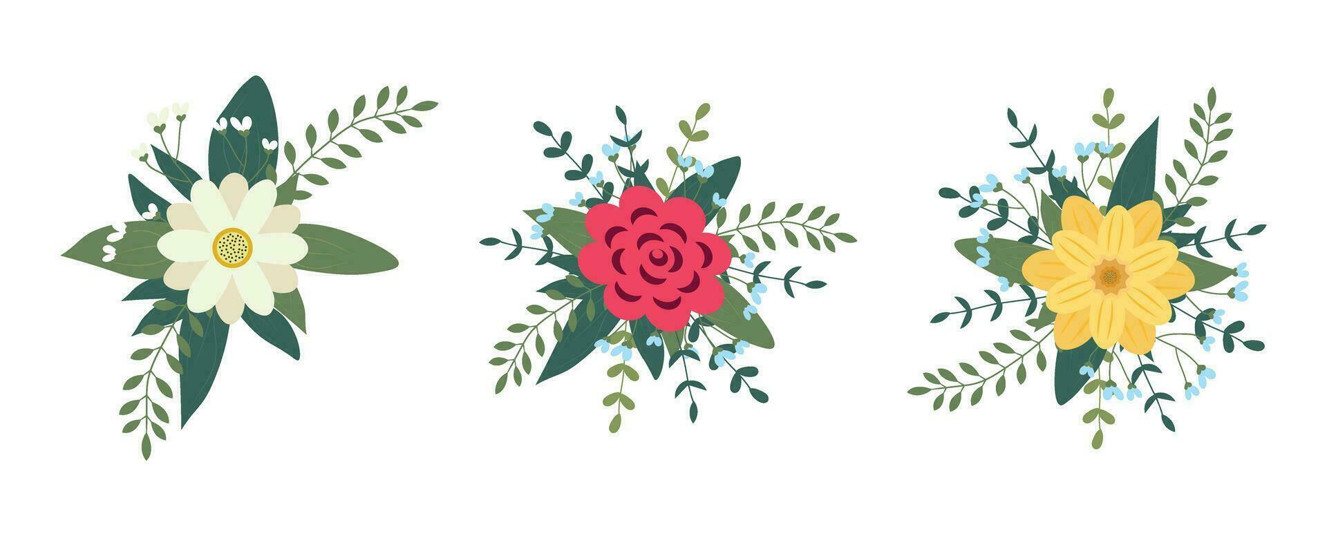 uppsättning av blommor arrangemang isolerat på bakgrund. platt illustration. perfekt för kort, inbjudningar, dekorationer, logotyp, olika mönster vektor