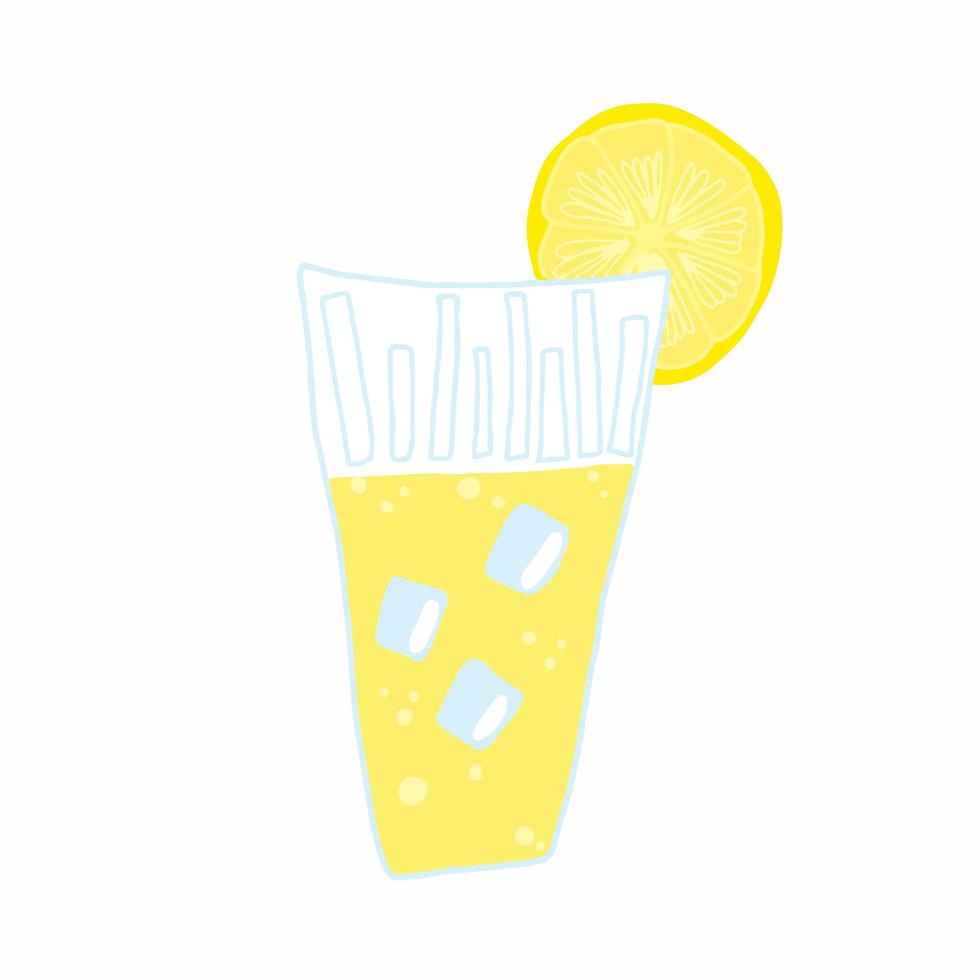 handritat glas med läsk, limonad, kallt te eller juice med is och citronskiva. vektor illustration, doodle.