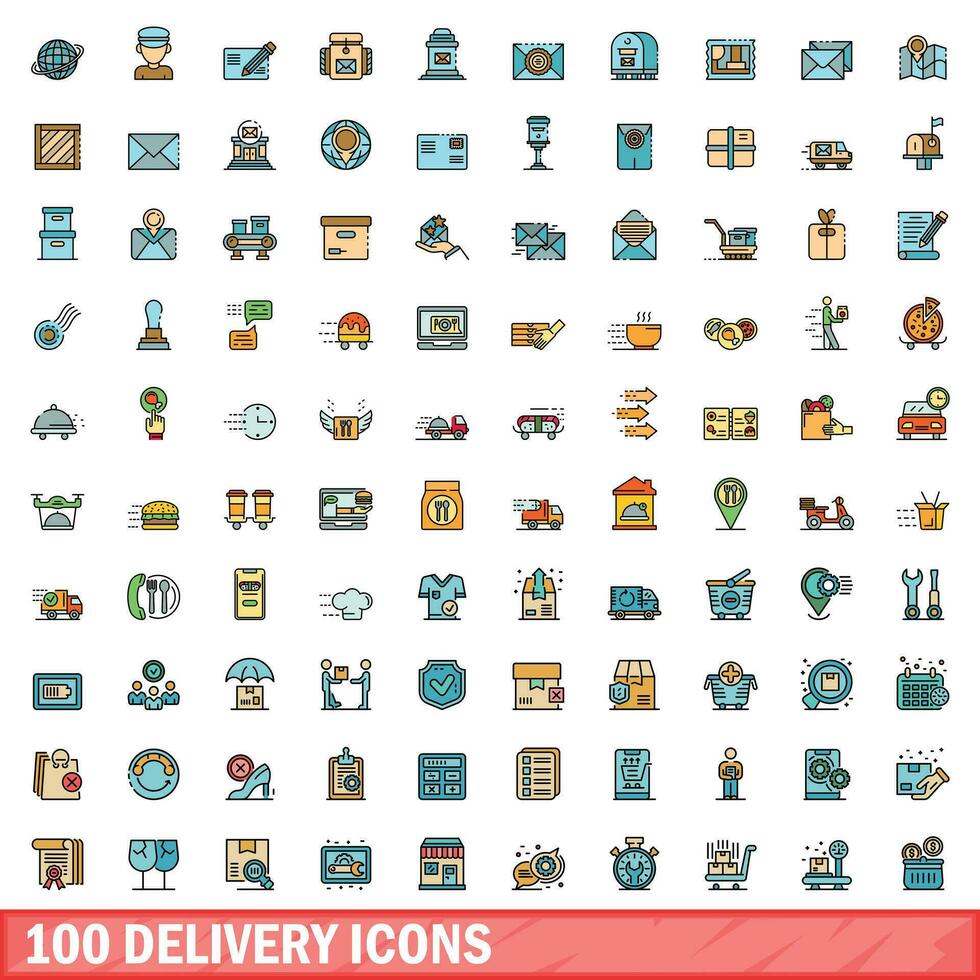100 leverans ikoner uppsättning, Färg linje stil vektor