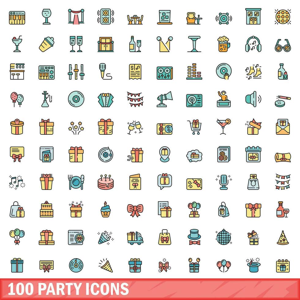 100 fest ikoner uppsättning, Färg linje stil vektor