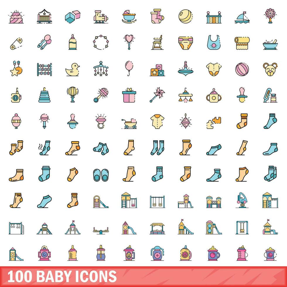 100 Baby Symbole Satz, Farbe Linie Stil vektor