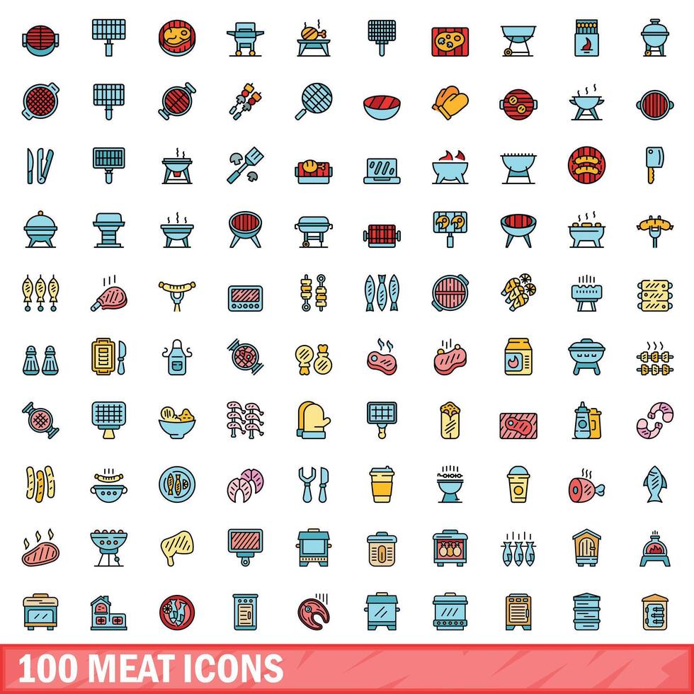 100 kött ikoner uppsättning, Färg linje stil vektor
