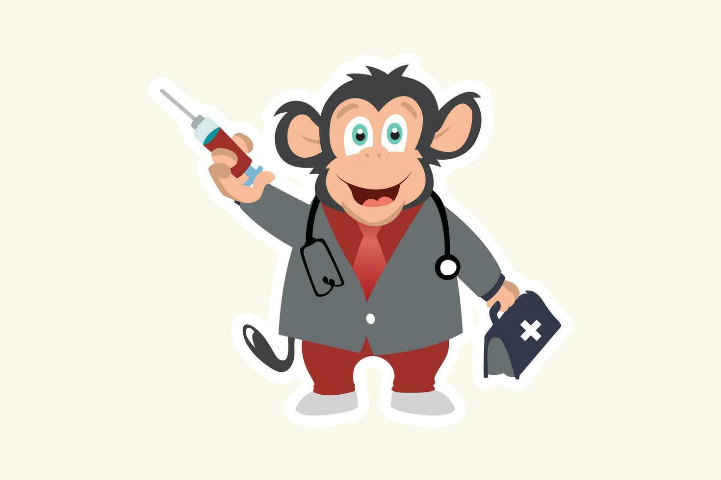 Affe Arzt Maskottchen Aufkleber Logo Design. Gesundheit und Pflege Symbol Konzept. Affe Arzt mit Injektion Aufkleber Vektor Design.