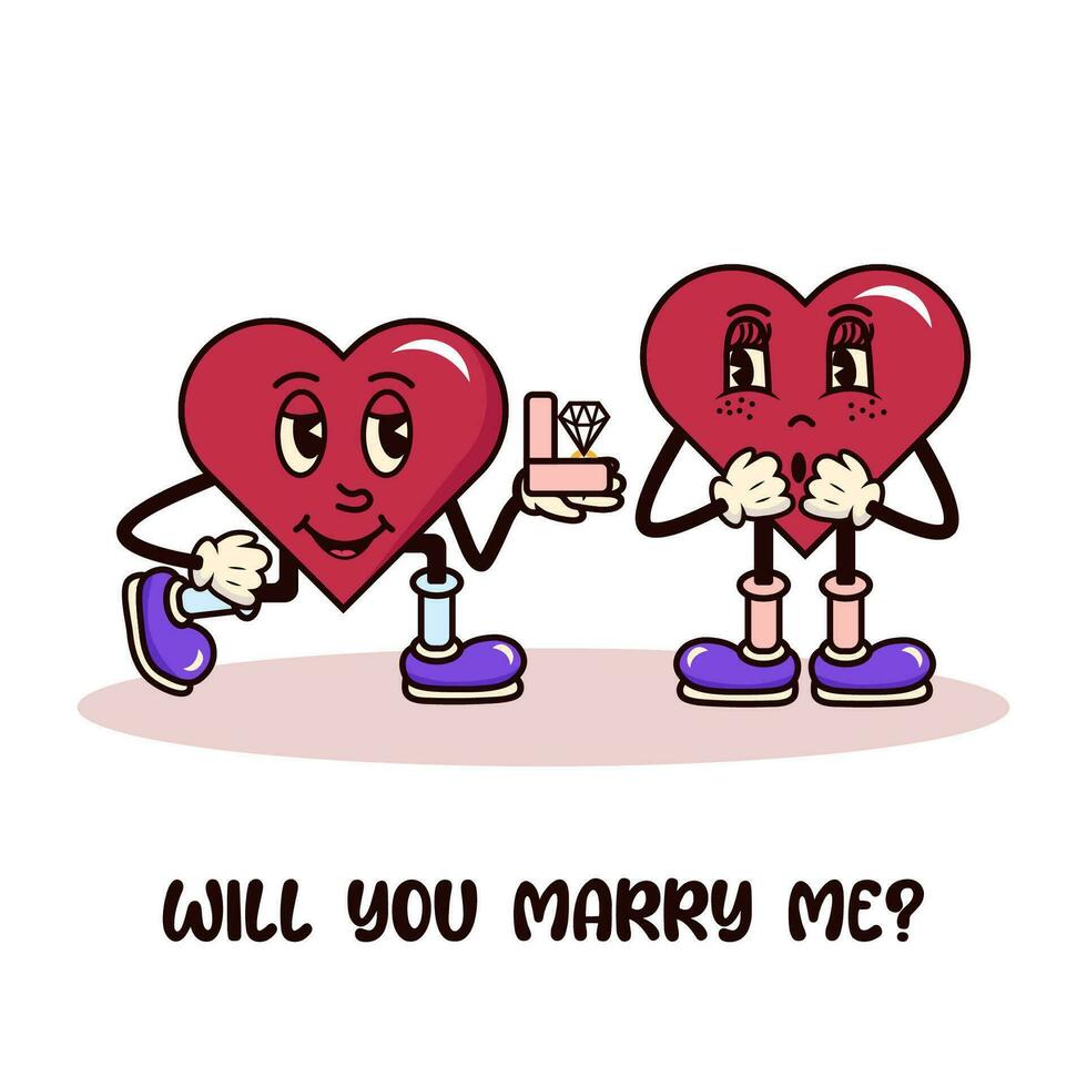 Herz Charakter retro groovig. Postkarte ein Herz im das Rille Stil und macht ein Ehe Vorschlag. werden Sie heiraten Mich. Vektor Illustration