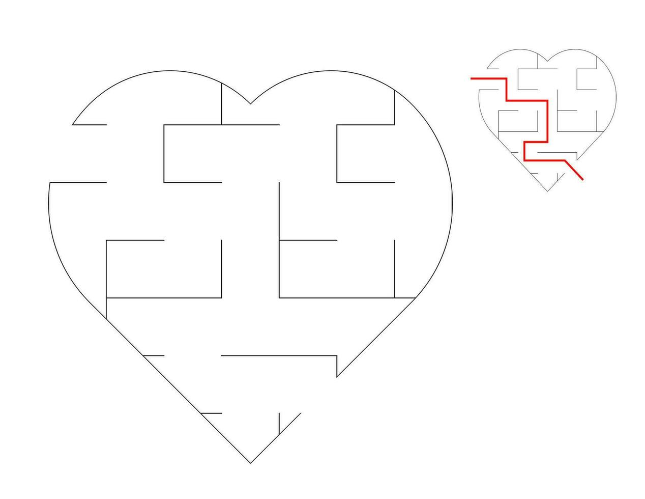 hjärta labyrint, en pussel spel med labyrinter. en labyrint spel. en labyrint med svarar. vektor