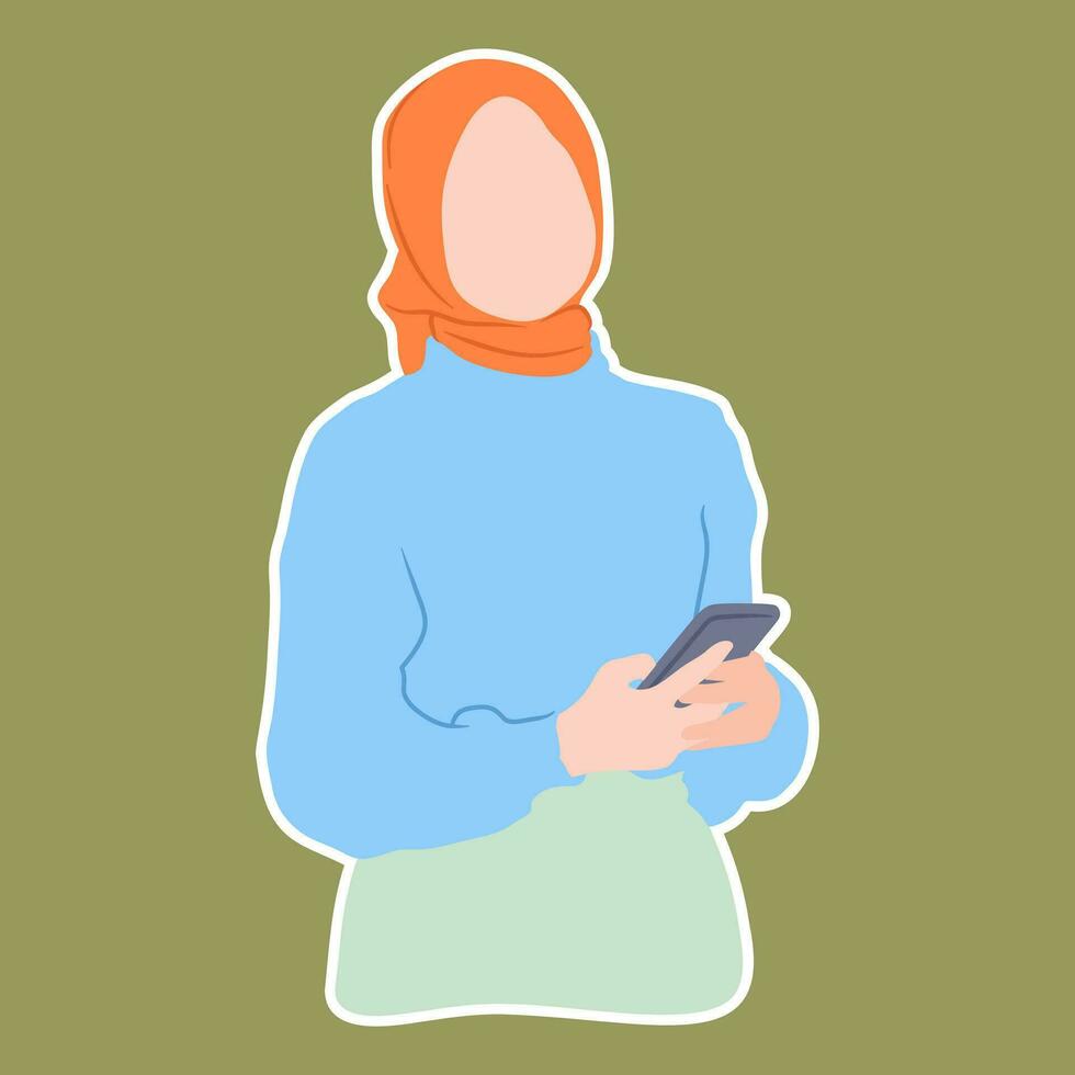 vektor platt, hijab kvinna innehav mobil telefon