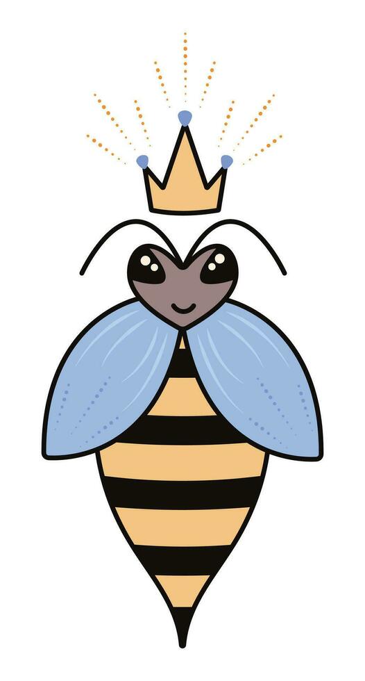 söt bi drottning med en krona, honungsbi mor vektor illustration i mörk brun, gul och blå färger