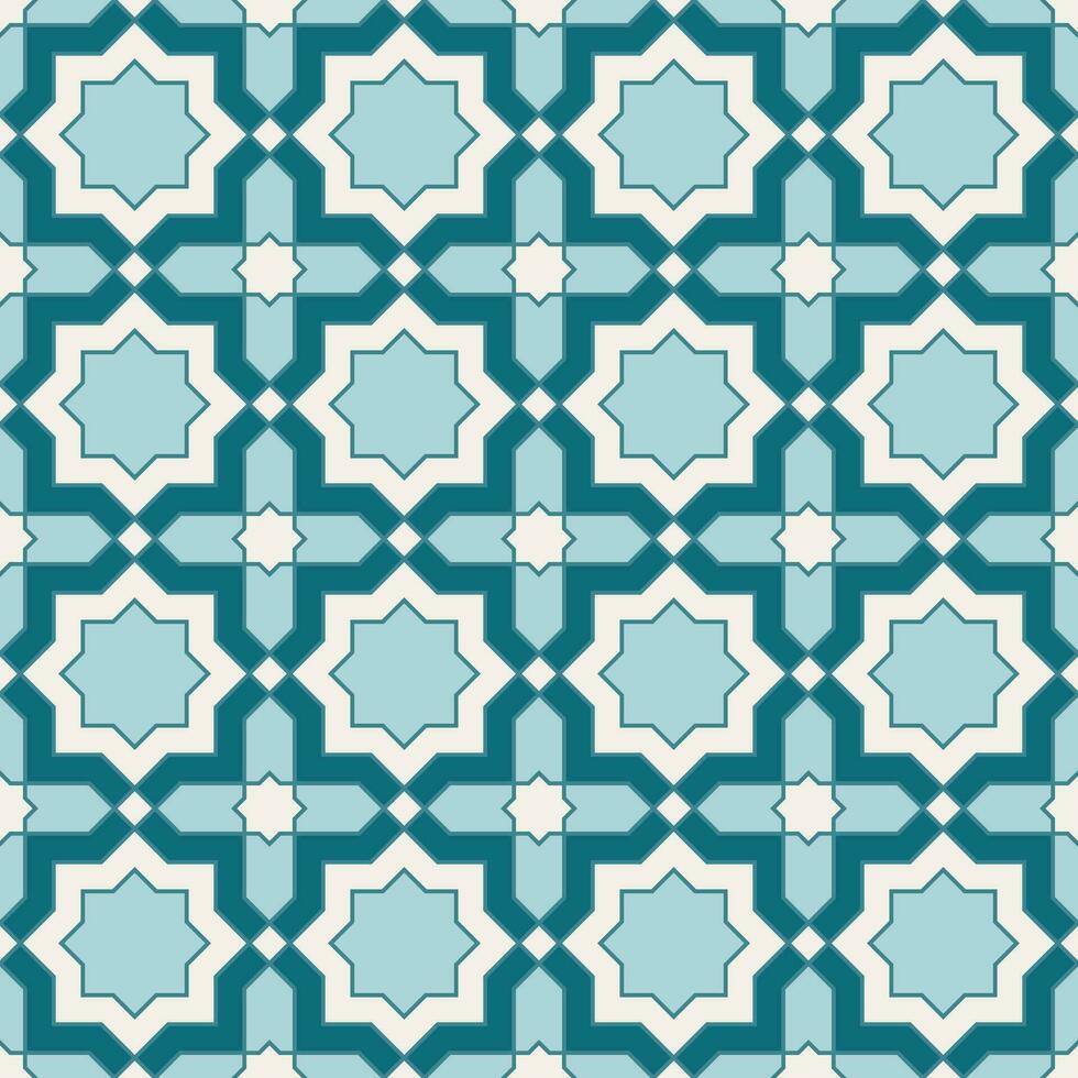 arabicum geometrisk mosaik- tryckbar sömlös mönster med abstrakt marockansk skriva ut i blå och orange färger. ramadan kareem traditionell islamic konst illustration bakgrund vektor
