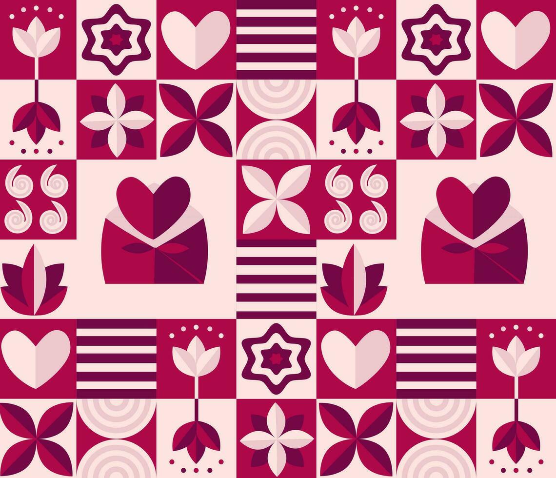 romantisch Vektor abstrakt geometrisch Mosaik Hintergrund mit Herzen, Blumen im retro skandinavisch Stil, Rosa rot Töne.