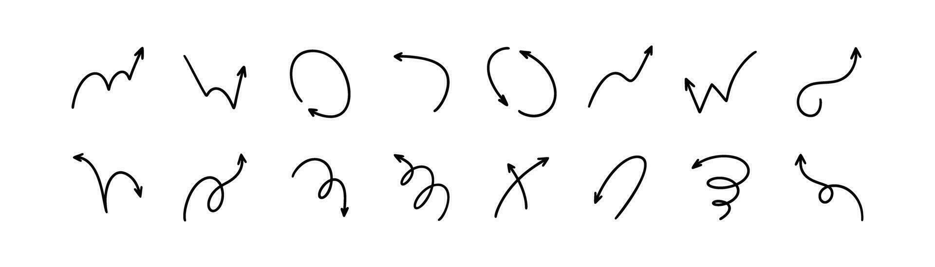 Hand gezeichnet Vektor Pfeil Symbol Satz. Gekritzel skizzieren Stift, Bleistift, Wachsmalstift Zeichnung. Sache Linie Design Elemente. hoch, runter, Rechts, links, Kreis, prallen, Spiral- Richtung und Bewegung Ausdruck